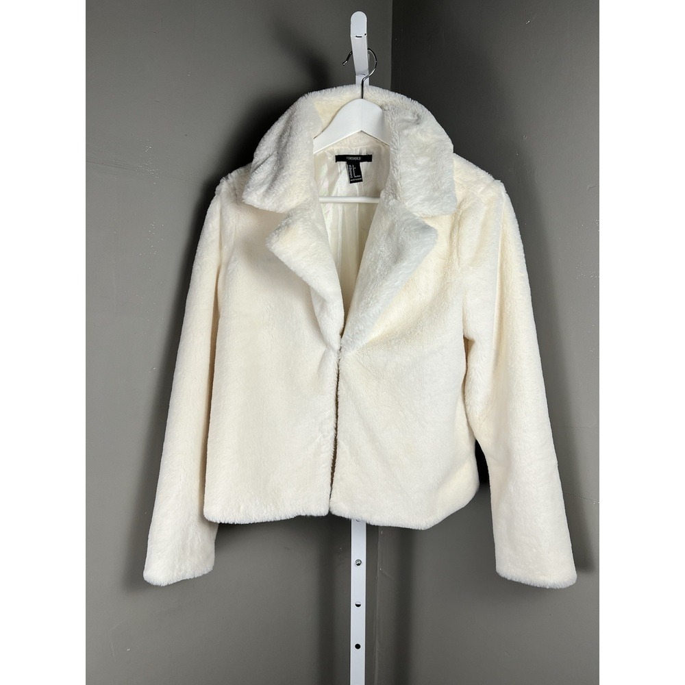 Forever 21 Cream Colored Faux Fur Cropped Jacket Notch Lapel Collar Women's S